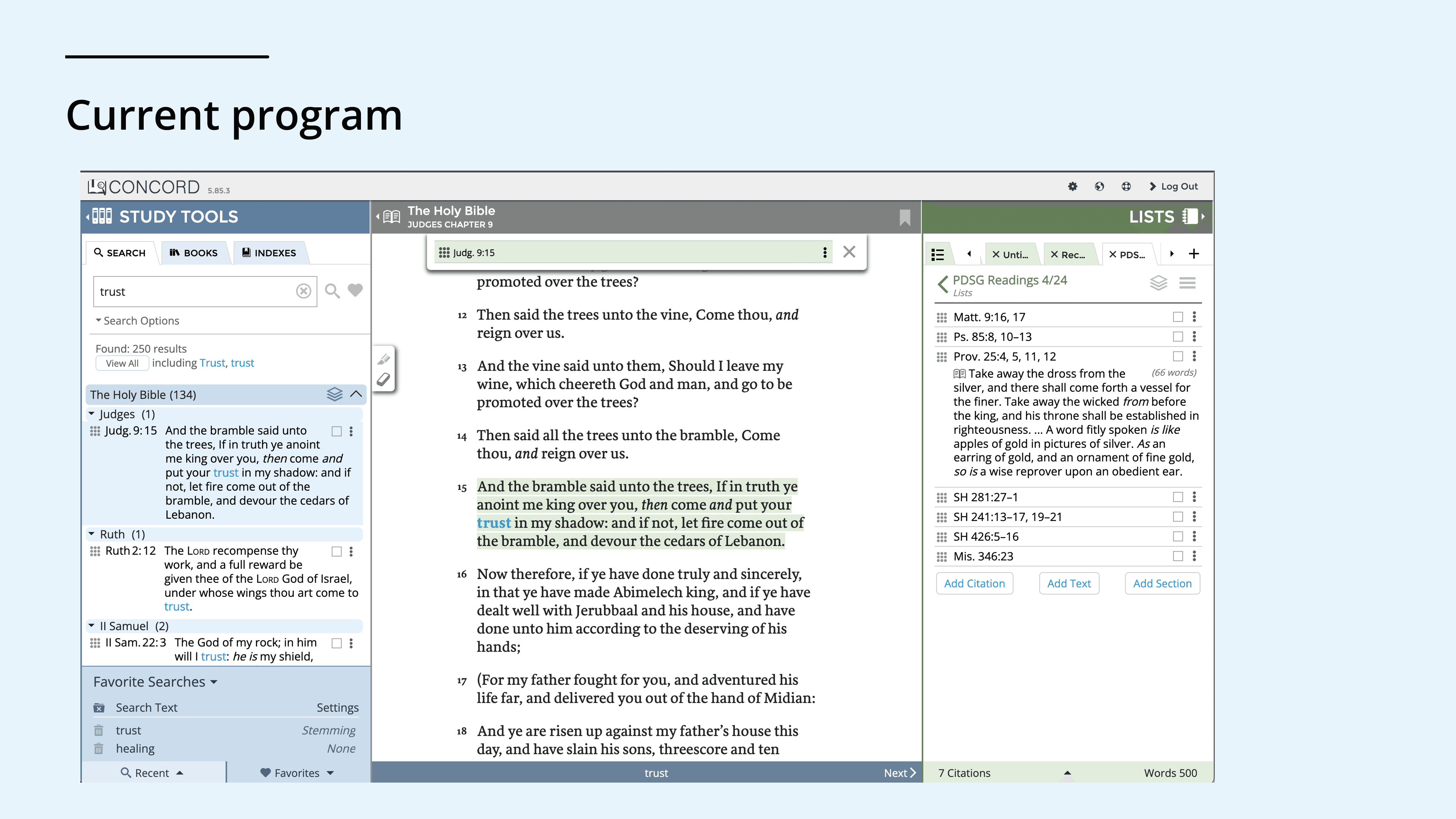The current Concord program showing a dense three-panel layout: a left sidebar with search and Bible book navigation, a center scripture reading pane, and a right citations list panel — heavy chrome and saturated styling throughout
