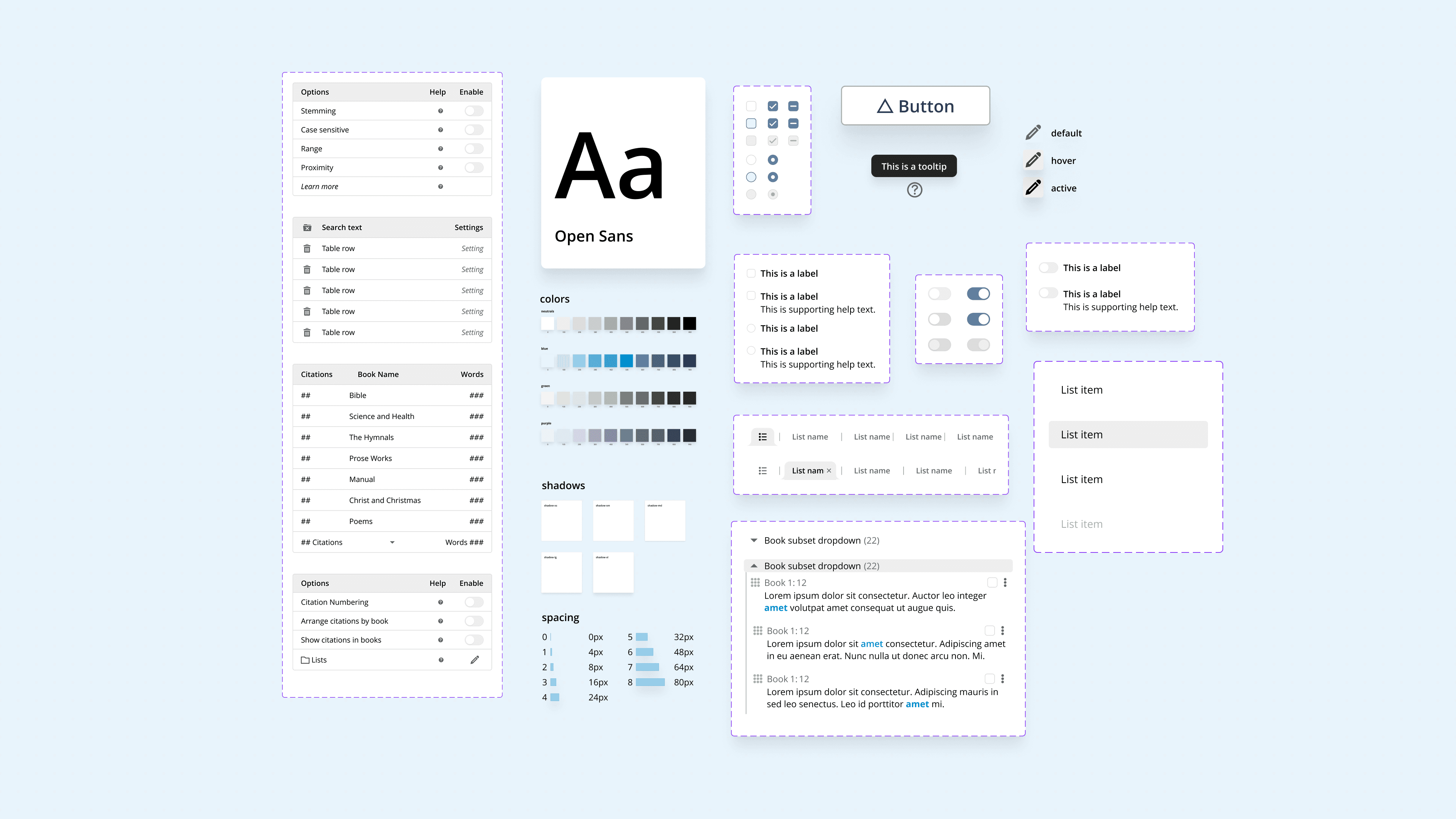Concord design system component overview: Open Sans typeface specimen, neutral and blue-green color swatches, shadow and spacing tokens, alongside UI components including buttons in default, hover, and active states, label variants, toggle switches, list items, and the Concord reading interface showing search, book navigation, and study list panels