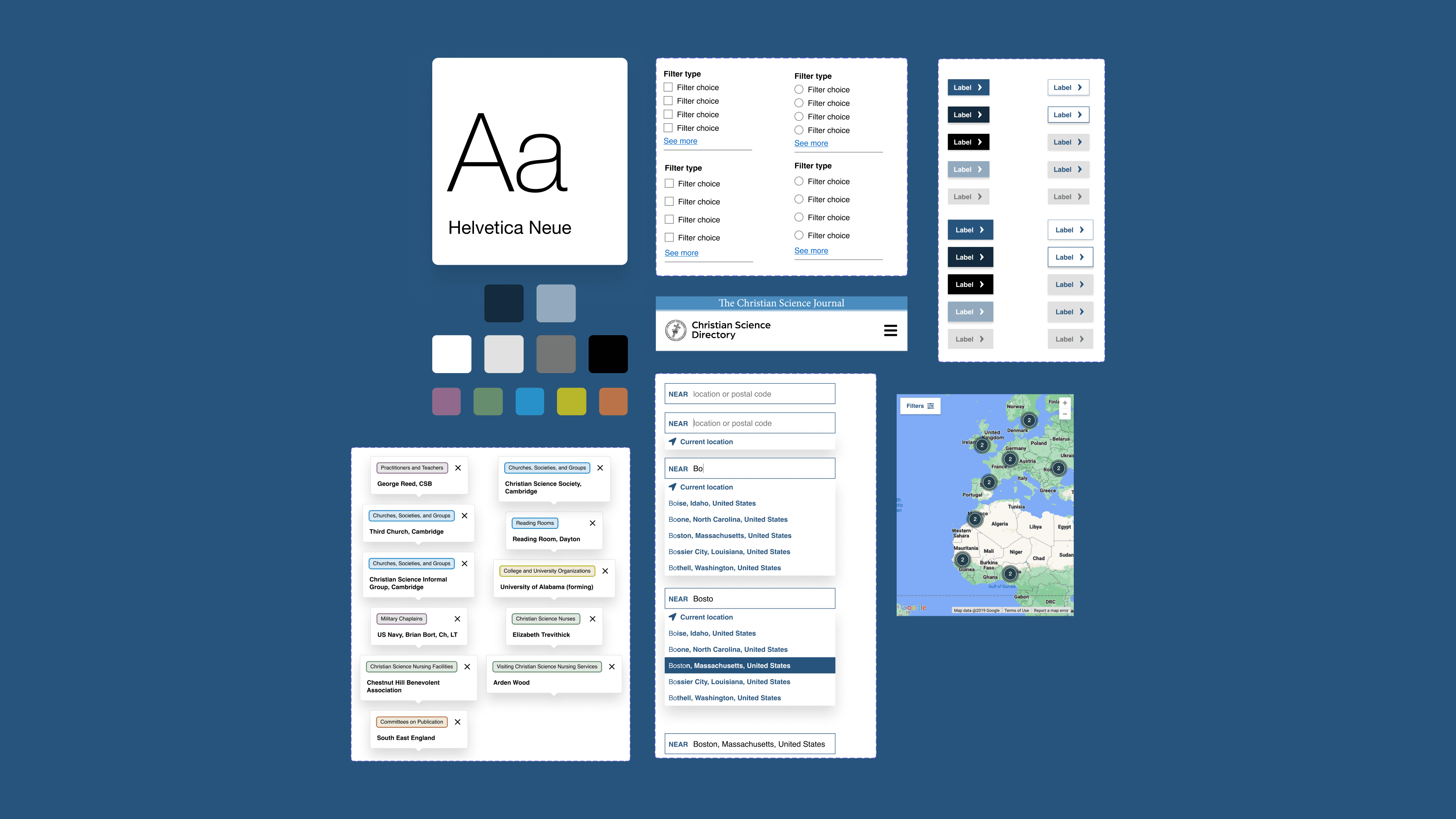 Component gallery showing the Helvetica Neue typeface specimen, color chips, multi-column checkbox filter panels, category label chips for Practitioners and Teachers and Churches Societies and Groups, the Directory navigation bar, a search results list with resource-type tags and location details, a predictive location search dropdown, and the map view with clustered pins over Europe and Africa