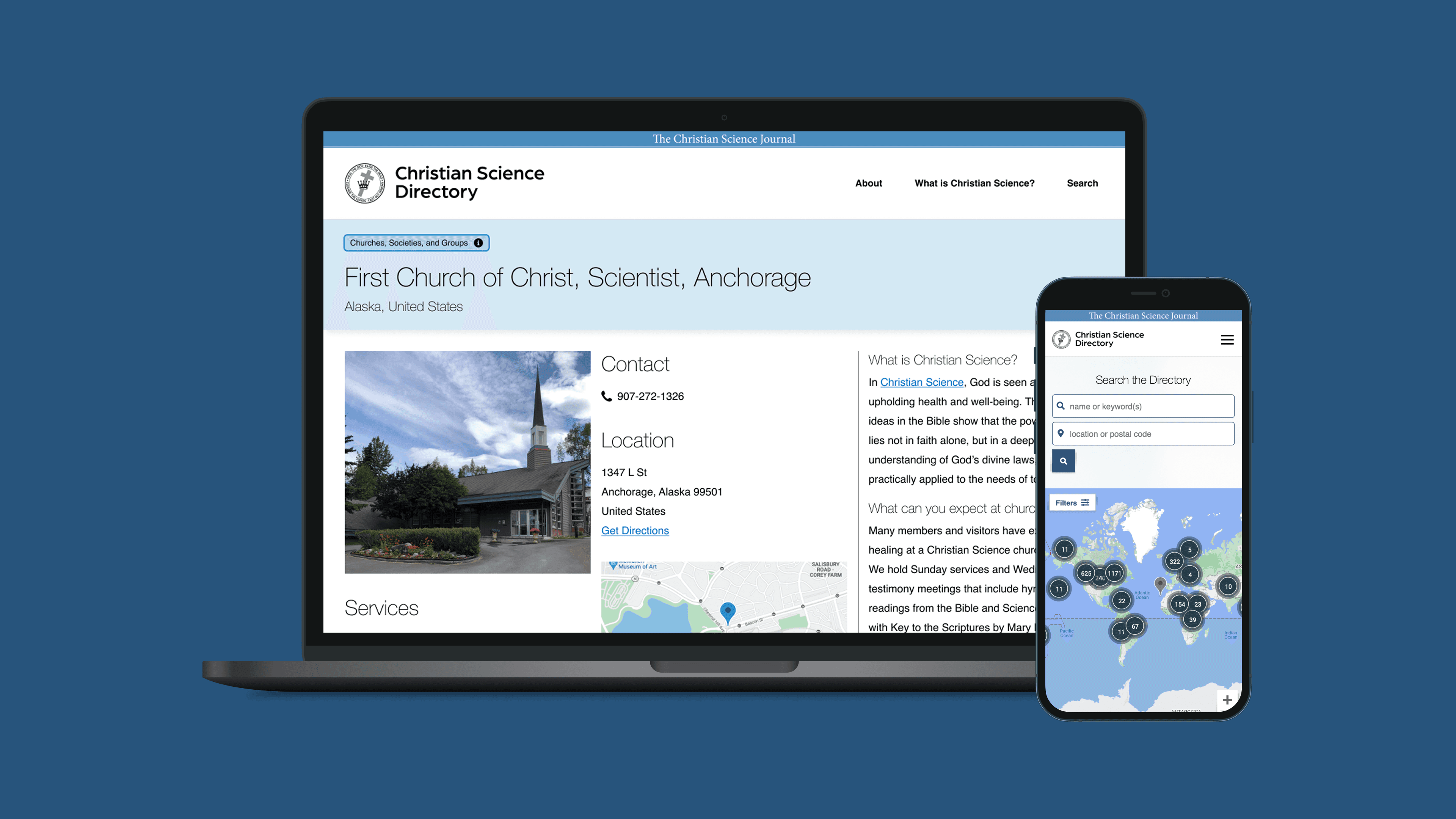 Laptop and phone mockup of the Christian Science Directory: the laptop displays a full listing page for First Church of Christ, Scientist in Anchorage, Alaska with contact info, address, and embedded map; the phone shows the map-based directory search interface with clustered resource pins across North America