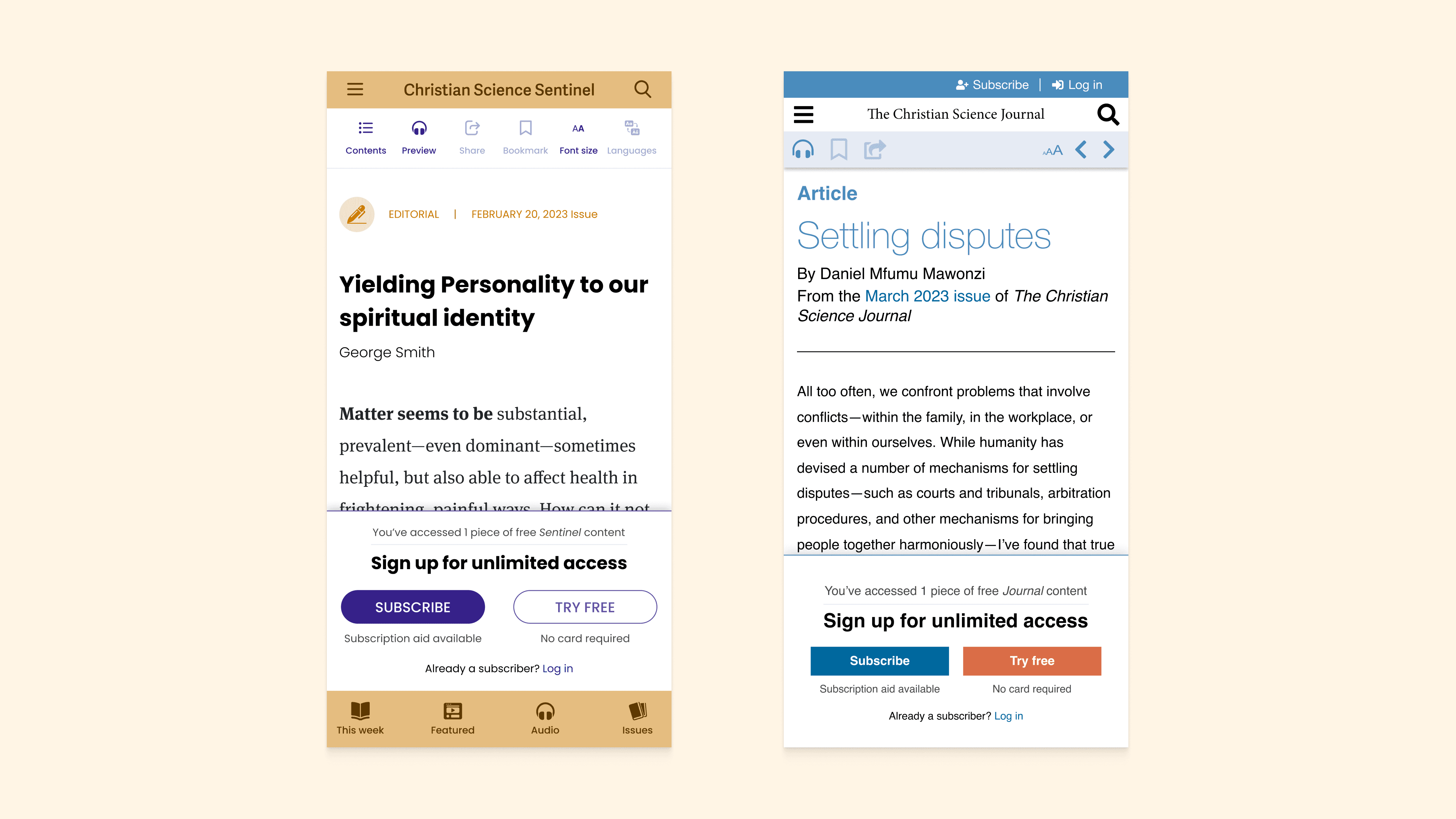 Side-by-side mobile paywall screens for the Christian Science Sentinel (left) and The Christian Science Journal (right), each showing an article behind a 'Sign up for unlimited access' modal with Subscribe and Try Free options
