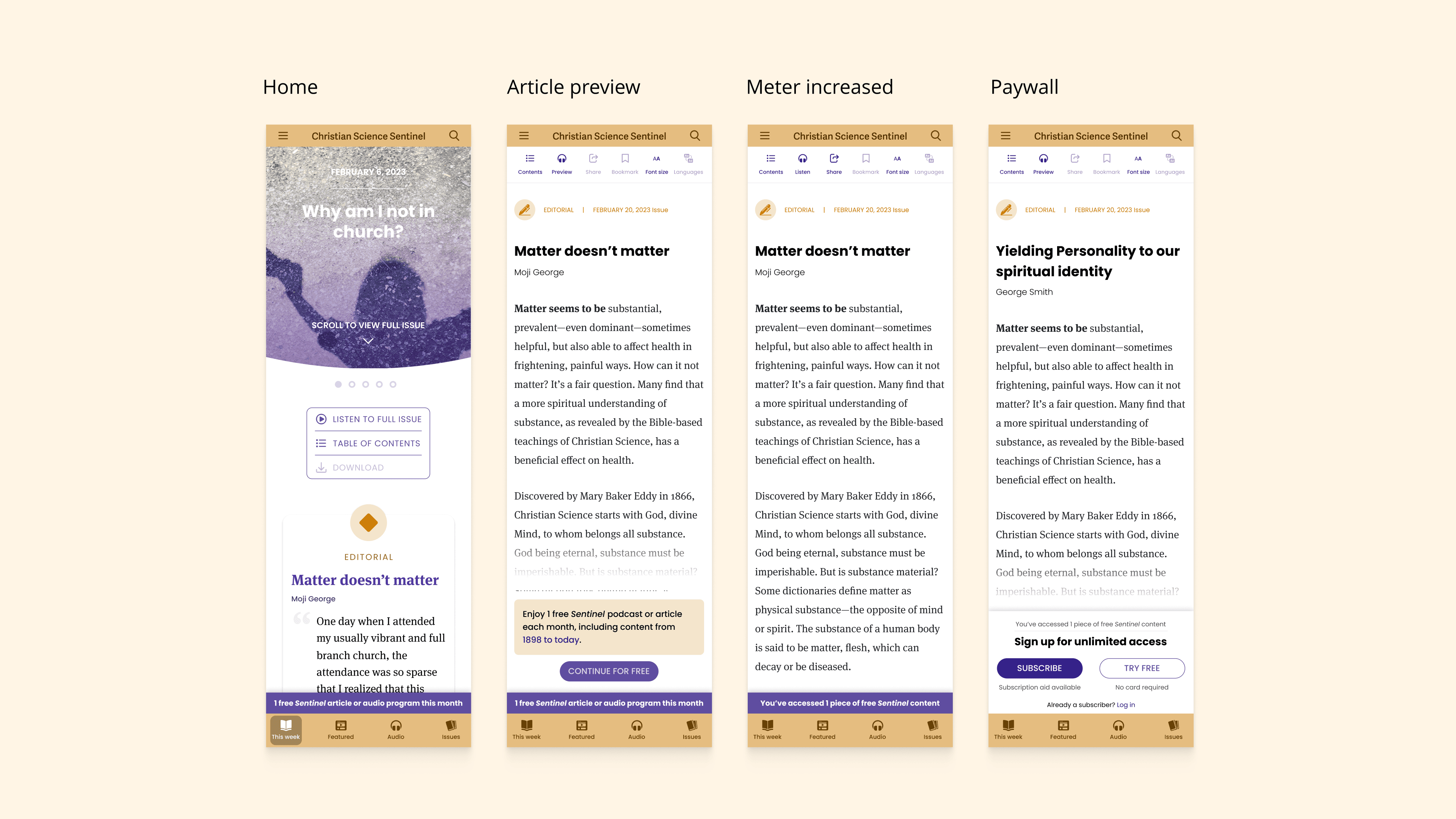 Four-screen flow for the Christian Science Sentinel: Home with featured content, Article preview with free access indicator, Meter increased showing remaining access, and Paywall with Subscribe and Try Free CTAs in the Sentinel's gold and purple visual system