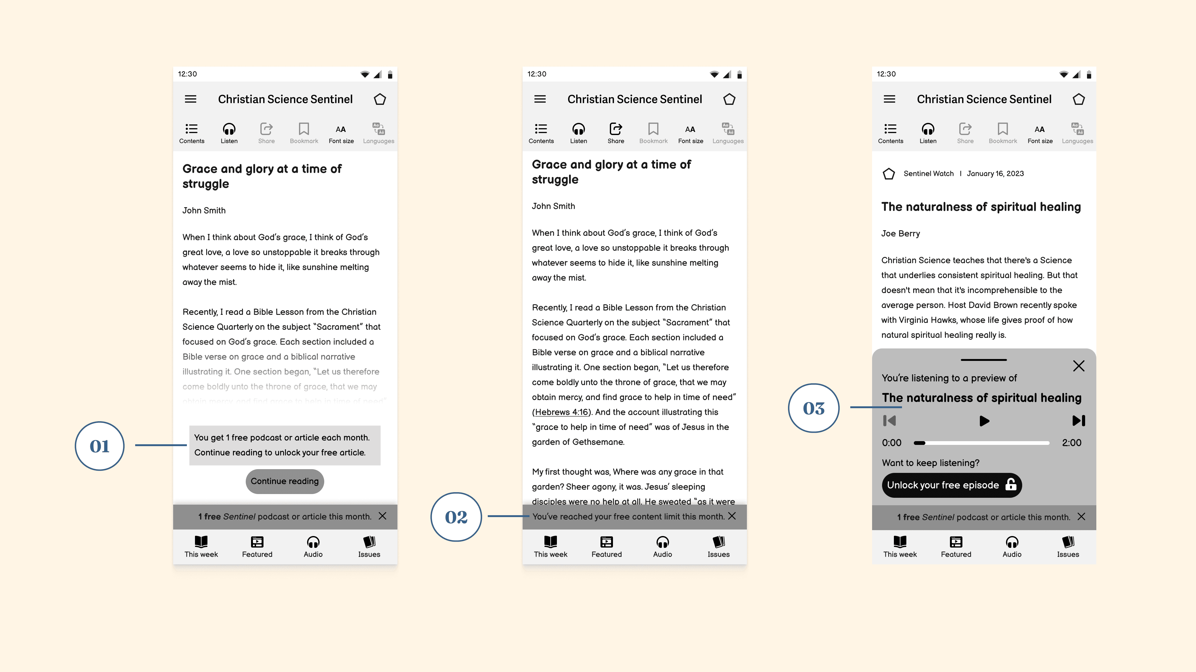 Three Sentinel mobile screens showing the metered access flow: screen one with one free article remaining and a 'Continue reading' prompt, screen two with the meter used showing a subscribe or try-free prompt, and screen three with an audio preview locked behind a free episode unlock